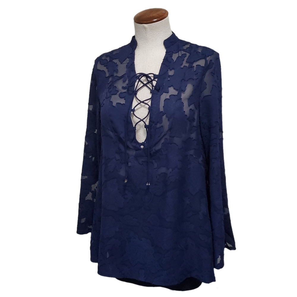 May & July Boutique Sheer Jaquard Lace-Up Tunic Top Bell Sleeve Navy Blue S M L